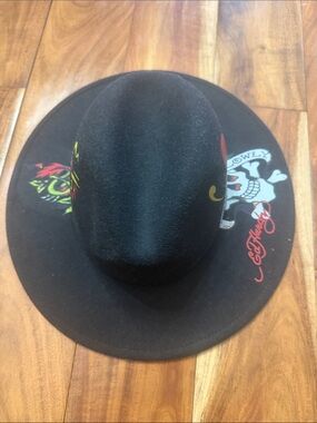 Ed Hardy Black Wide-Brim Fedora with Colorful Skull Graphics
